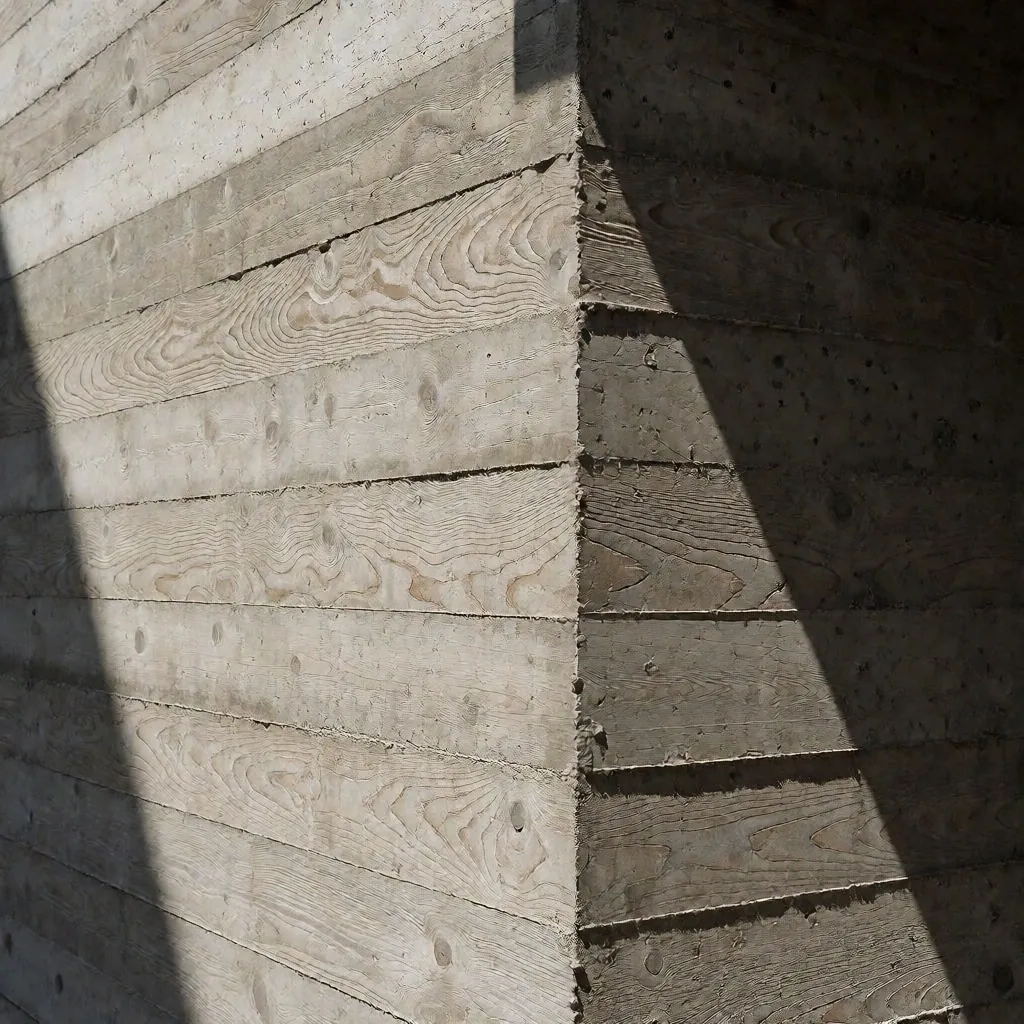 Brutalistische Betonfassade mit Schalungstextur