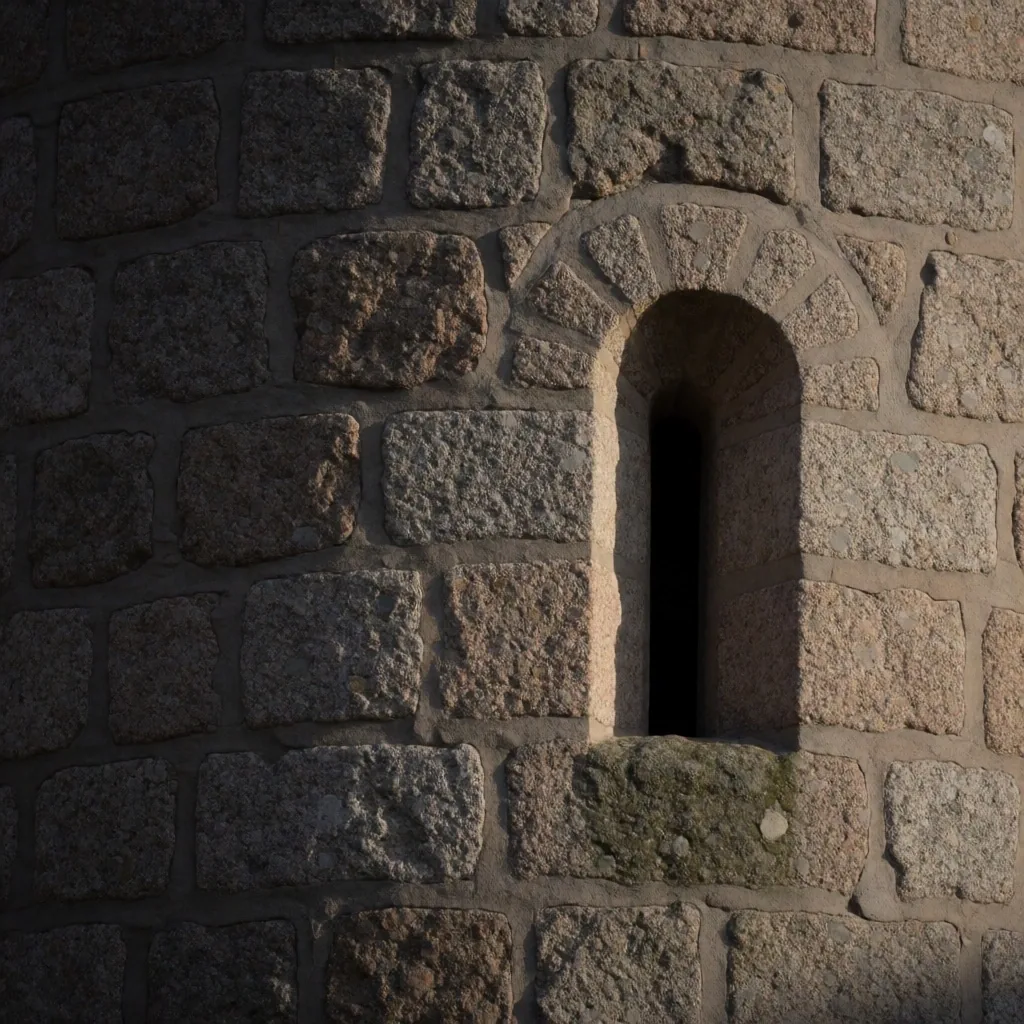 Romanische Steinmauer mit Rundbogenfenster