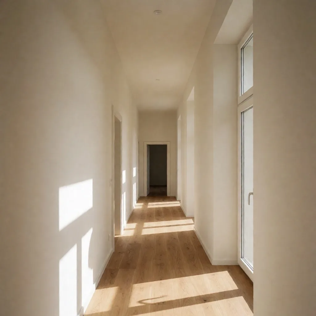 Langer Flur mit diagonal einfallendem Tageslicht
