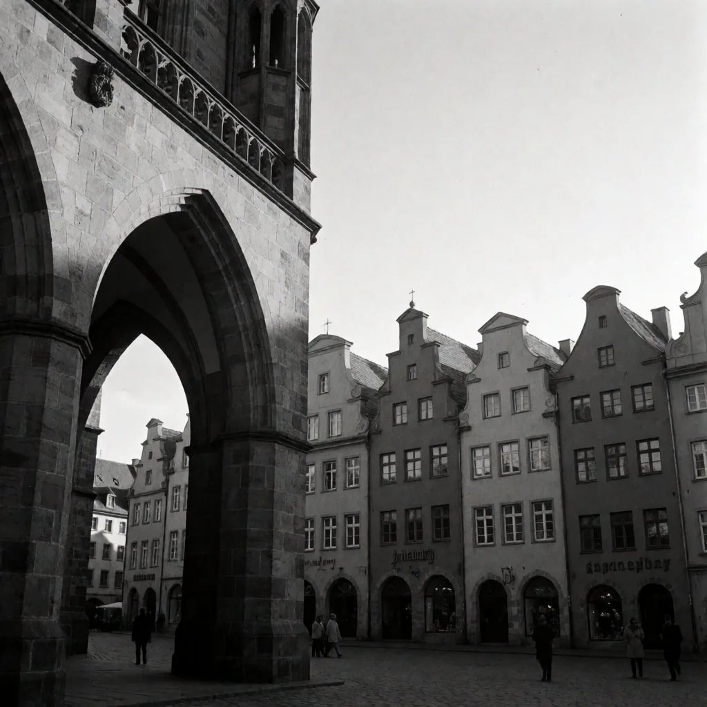 Enge mittelalterliche Gasse mit Kopfsteinpflaster und hohen Fassaden im dramatischen Morgenlicht