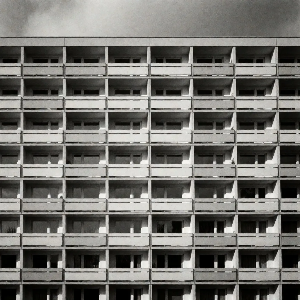 Modernistischer Wohnblock aus den 1970er Jahren mit starrer geometrischer Betonfassade und wiederkehrenden Balkonen