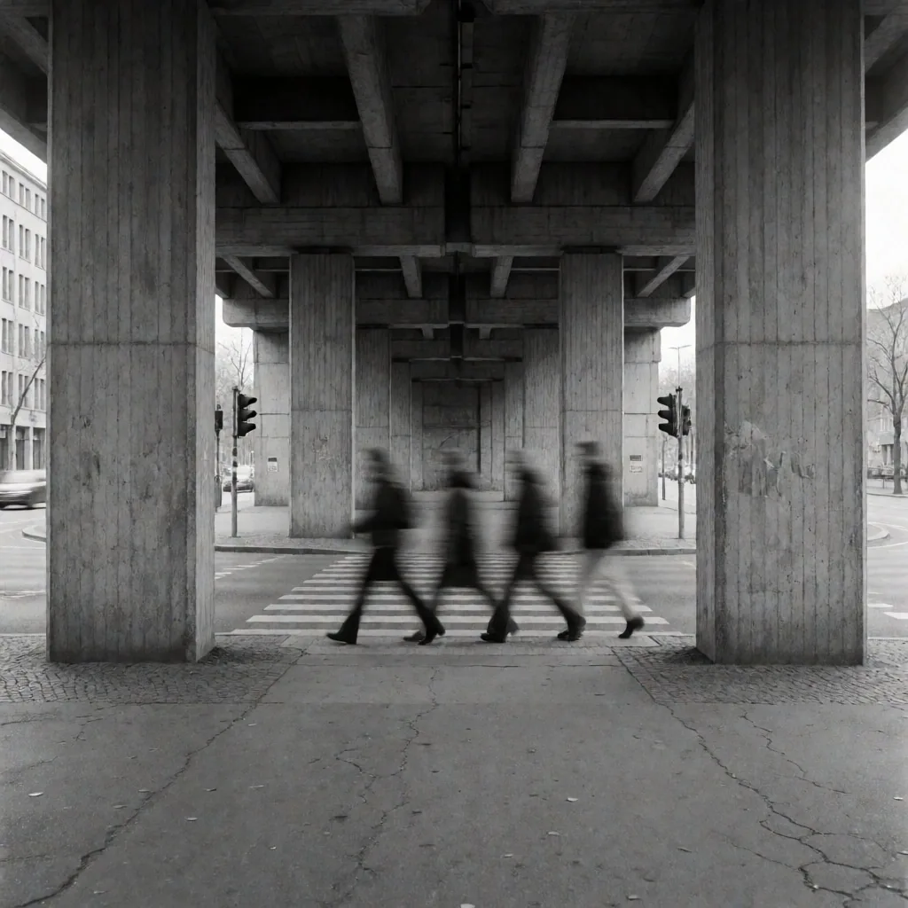 Nahaufnahme einer städtischen Kreuzung mit Fußgängern und Betontexturen in lang belichteter Schwarzweißfotografie