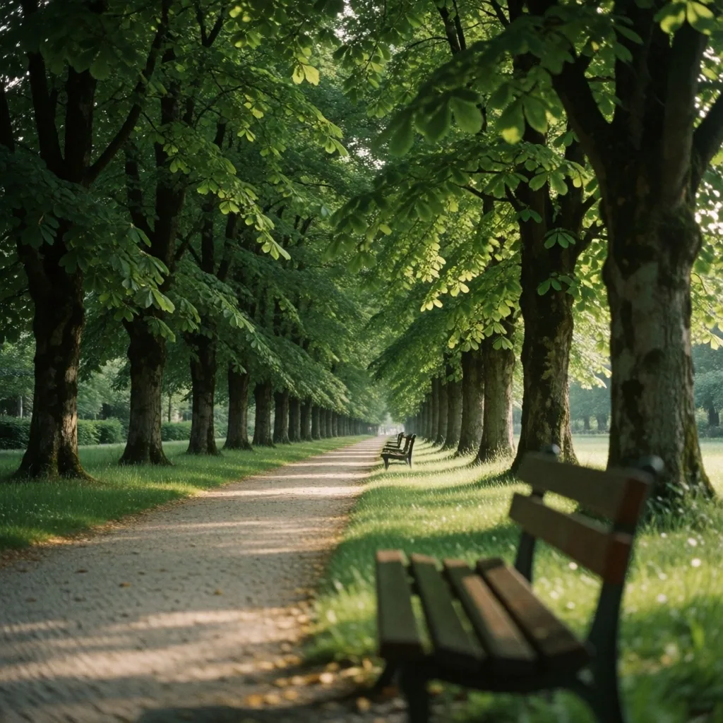 Städtischer Park mit alten Baumbestand entlang einer breiten Allee mit durch Kronen fallendem Licht und Bank im Vordergrund