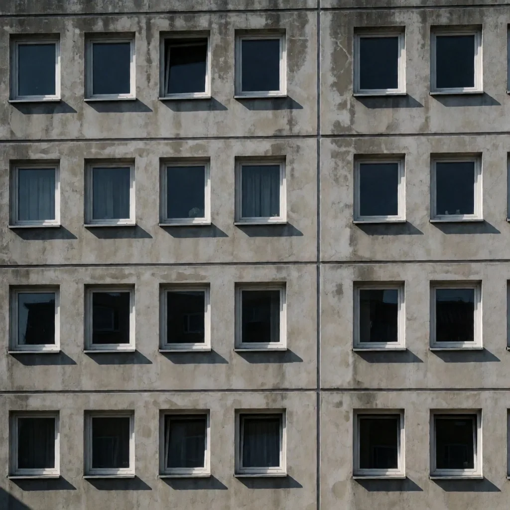 Tiefenwirkung eines massiven Wohnhochhauskomplexes mit brutalistischer Betonstruktur und sich nach oben verjüngender Perspektive