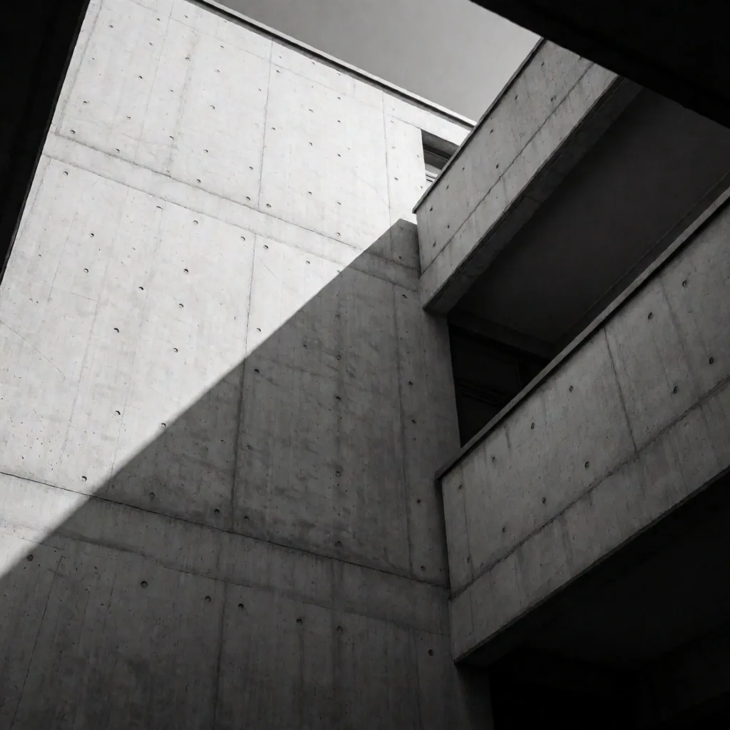 Monumentale Betonarchitektur mit scharfen Schattenlinien