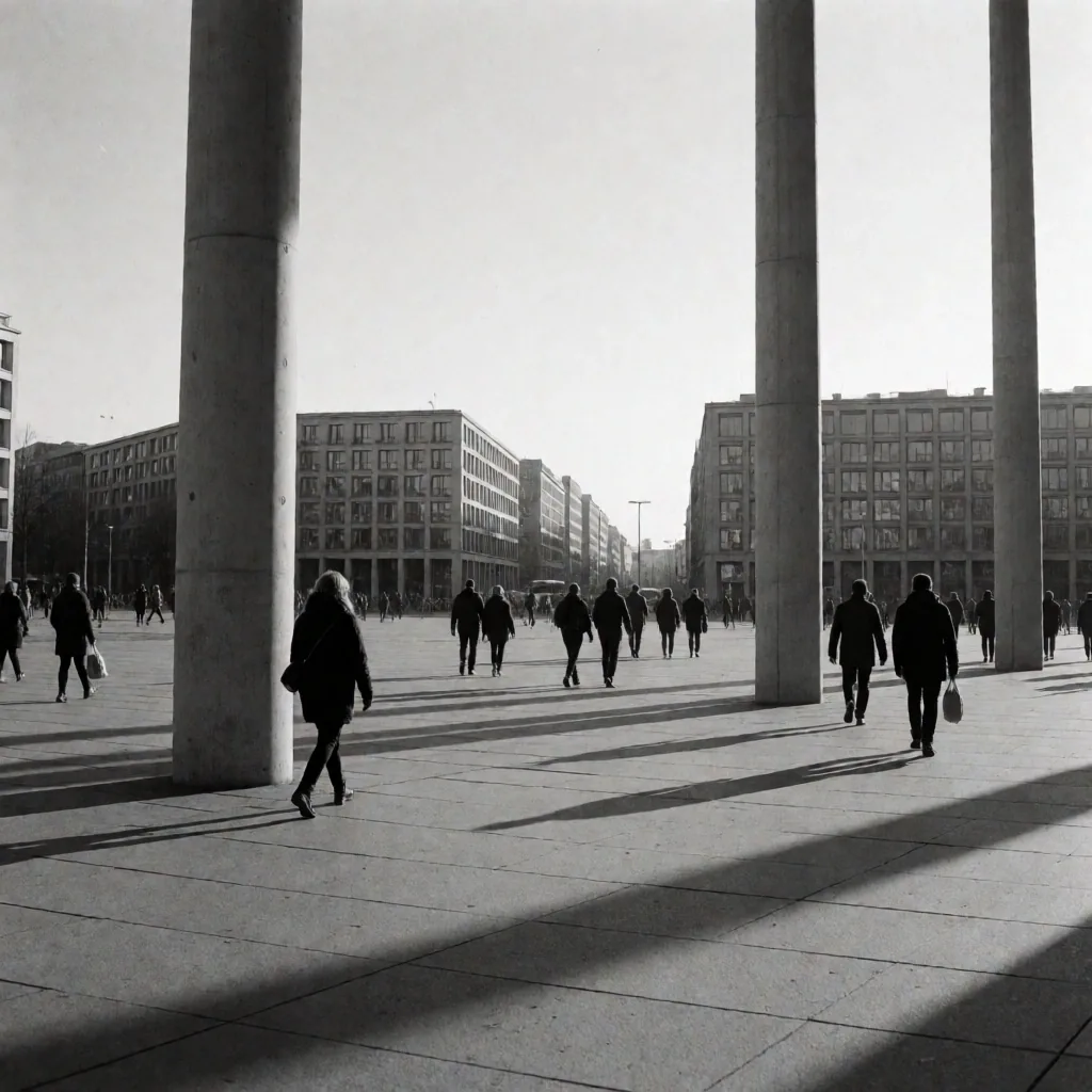 Menschen auf einem weiten Stadtmarkt zwischen modernistischen Gebäuden