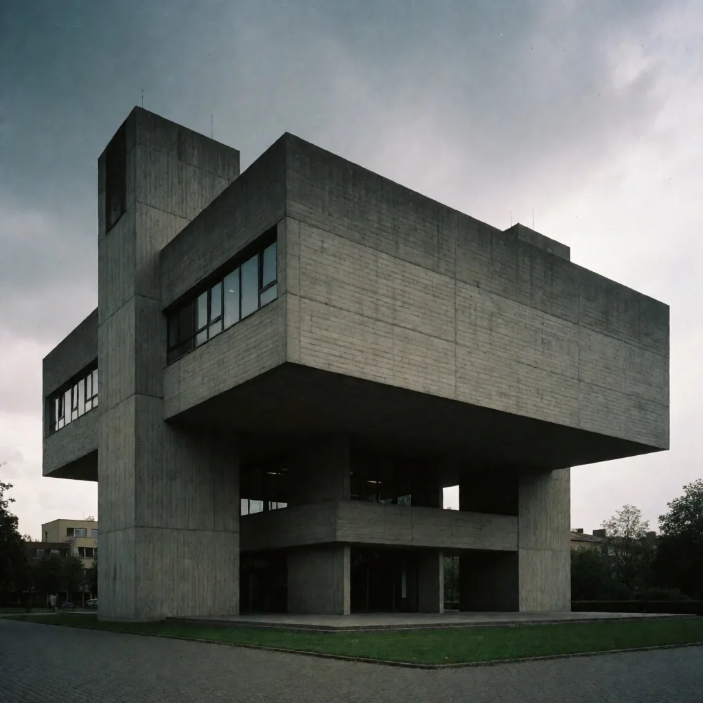 Monumentale Betonarchitektur unter bewölktem Himmel